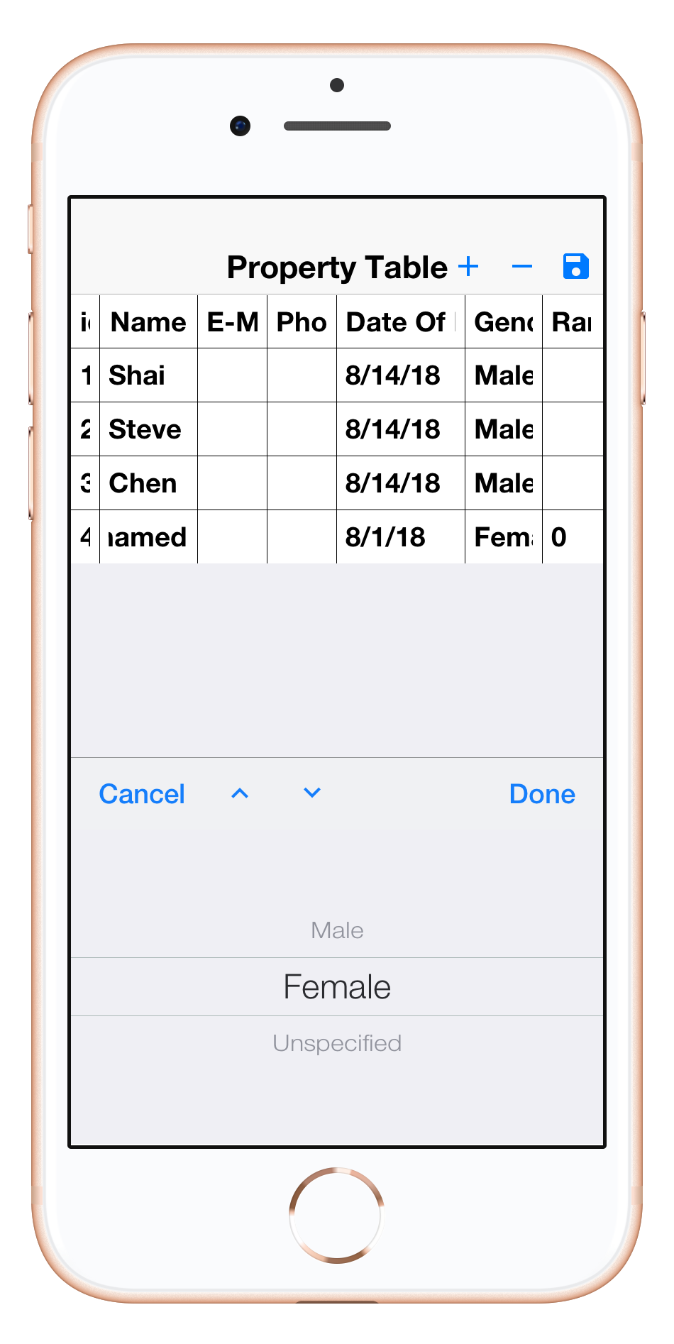 The gender option is a picker